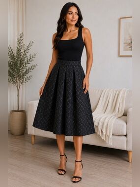 Zara Woman Black Textured Midi Skirt Size Large Jacquard A-Line Full Skirt